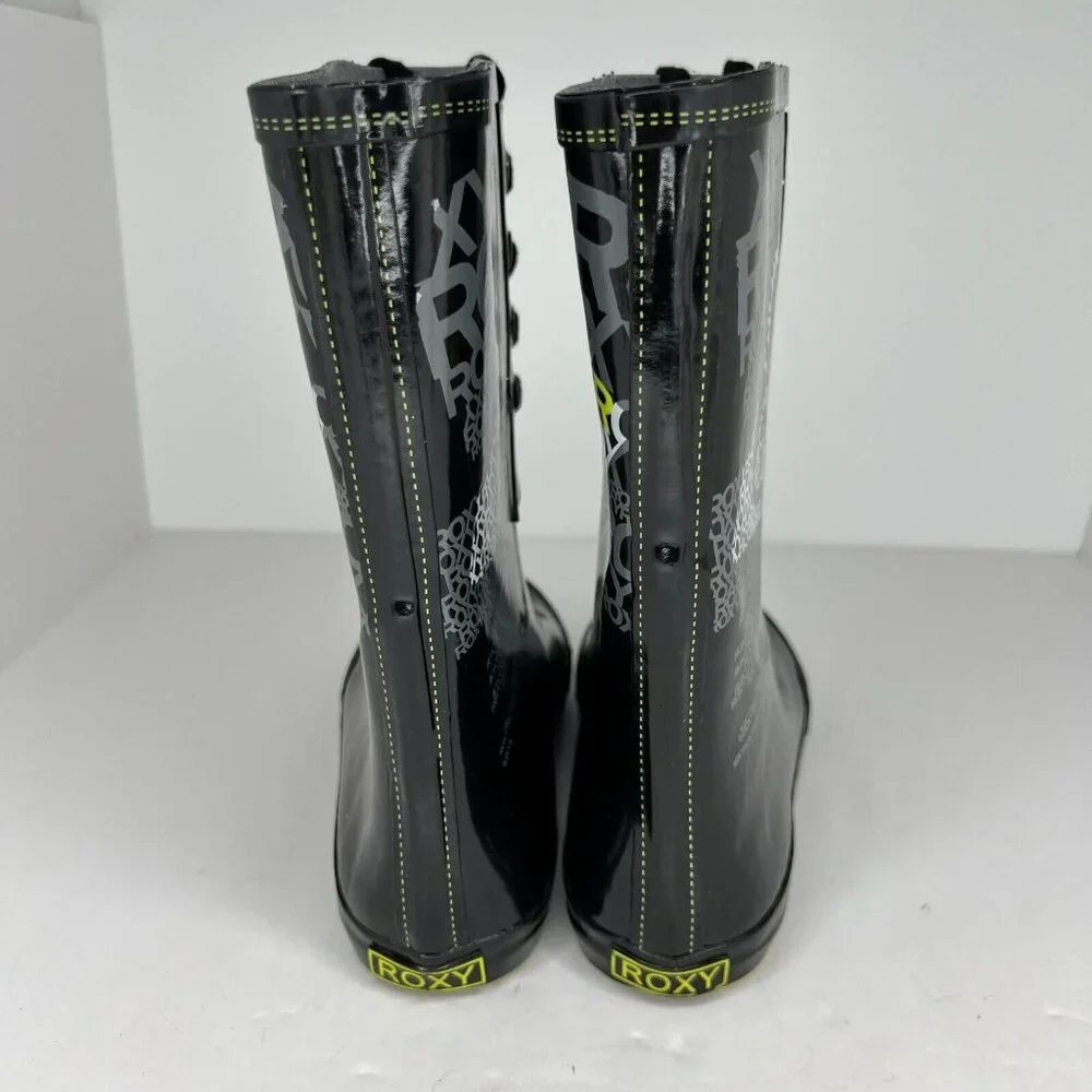 Roxy Womens Drizzle Black Lace Up Rubber Mid Calf Slip On Size 7 Rain Boots